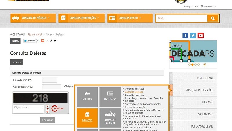 Página inicial - Serviços e Informações - Infrações - Consulta Defesas