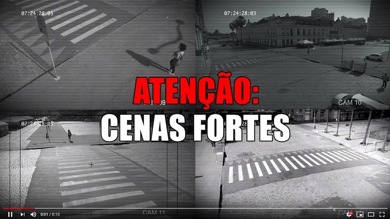 Imagens de cenas de segurança, com texto em vermelho e branco: ATENÇÃO: CENAS FORTES