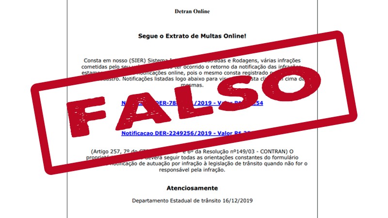 Imagem do documento com um grande carimbo vermelho de FALSO