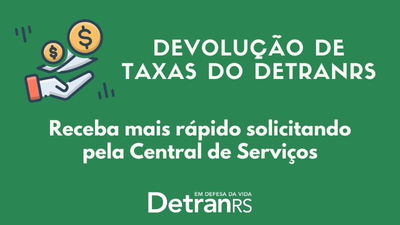 Ilustração de símbolos de dinheiro sobre uma mão em concha. Texto: DEVOLUÇÃO DE TAXAS DO DETRANRS. Receba mais rápido solicitando pela Central de Serviços.