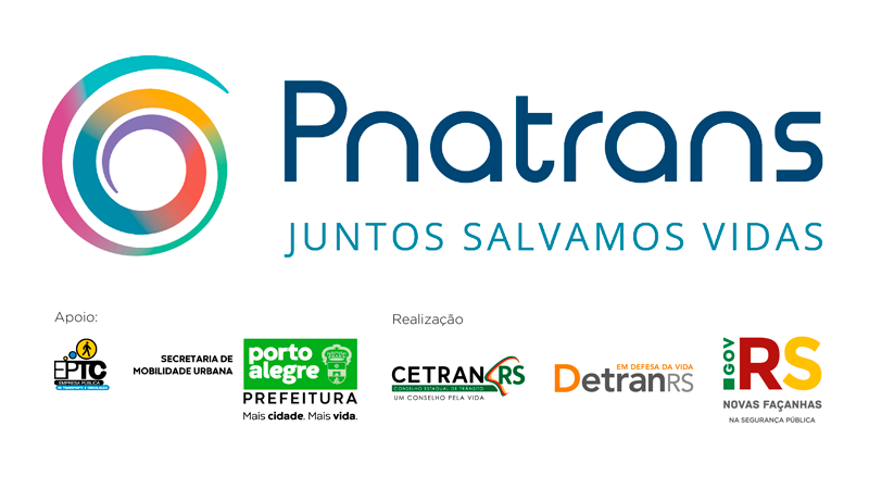 Logo e lettering do Plano Nacional de Redução de Mortes no Trânsito com o slogan: Juntos salvamos vidas. No rodapé, logo das instituições que assinam o termo