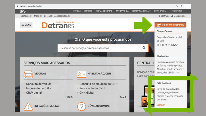 Reprodução da tela inicial do site do DetranRS