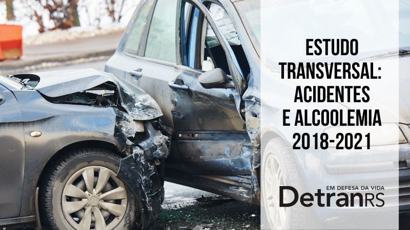 Fotografia colorida horizontal mostra dois carros pretos amassados por uma colisão. Uma faixa à direita traz o título Estudo transversal: acidentes e alcoolemia 2018-2021 e o logo do DetranRS