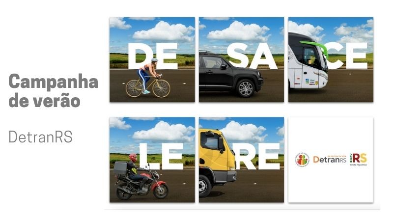Sequência de imagens que representam cinco modais de transporte: bicicleta, veículo de passeio, ônibus, moto e caminhão, que juntas formam a palavra DESACELERE