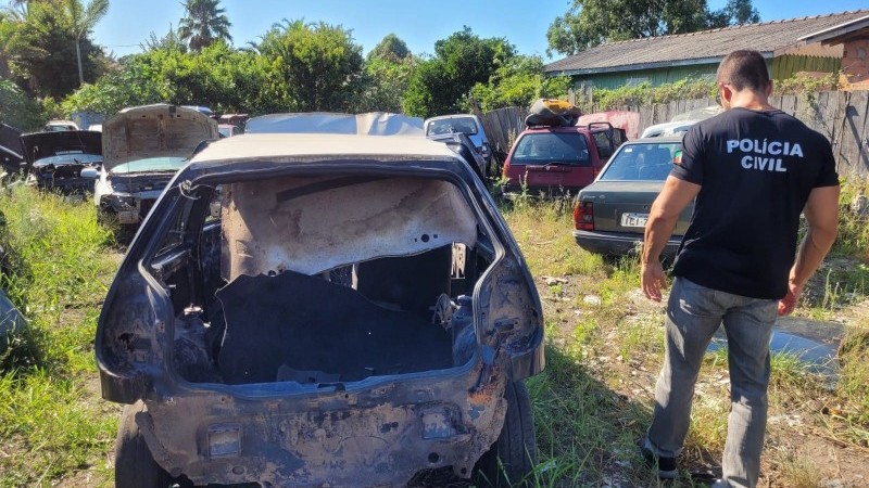 Imagem diurna que mostra carcaças de veículos em um pátio com gramado. De costas um policial civil atuando na operação.