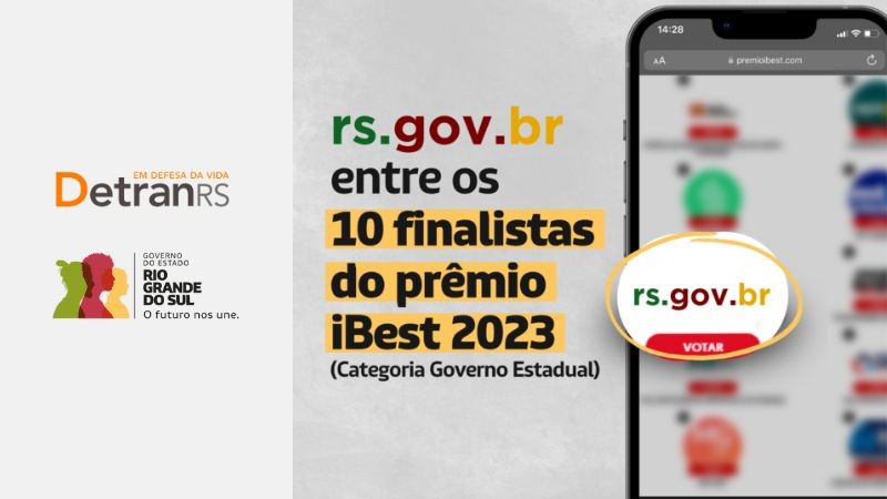Card horizontal colorido com o texto: rs.gov.br entre os 10 finalistas do prémio iBest 2023 (categoria governo estadual)