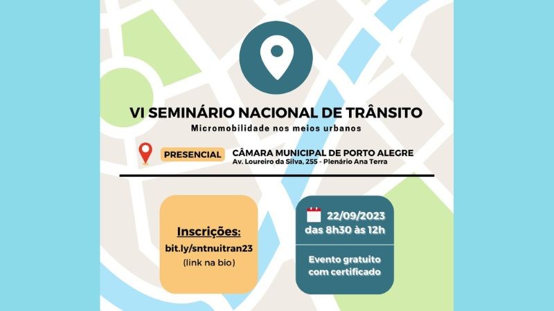 Card colorido mostra linhas de um mapa e ícone de localização com informações do seminário contidas no texto