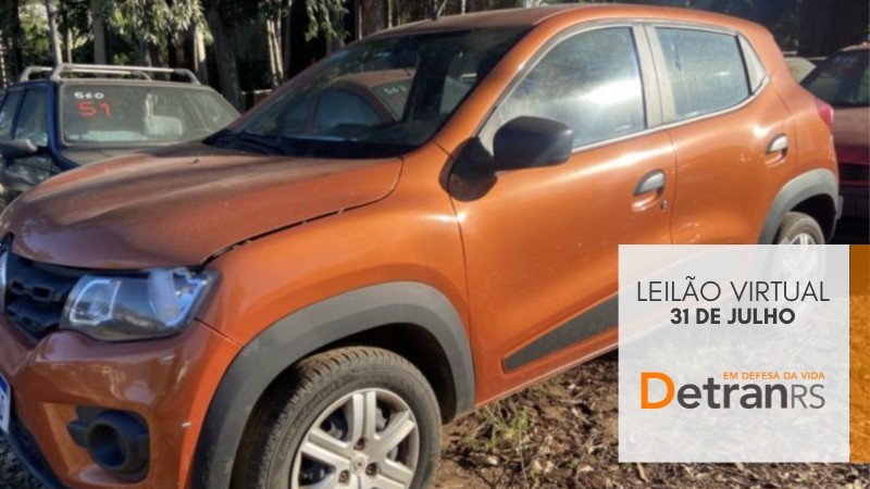 Card ilustrativo do leilão virtual do dia 31/07, que mostra um carro de cor laranja que será ofertado no evento