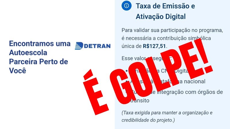 Card onde está escrito no lado esquerdo, centralizado, encontramos uma autoescola parceira peto de você e no lado direito: taxa de emissão e ativação digital. Para validação da sua participação no programa é necessária uma contribuição simbólica única de R$127,51. Em frente, em vermelho, está escrito bem grande É golpe!