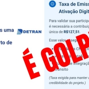 Card onde está escrito no lado esquerdo, centralizado, encontramos uma autoescola parceira peto de você e no lado direito: taxa de emissão e ativação digital. Para validação da sua participação no programa é necessária uma contribuição simbólica única de R$127,51. Em frente, em vermelho, está escrito bem grande É golpe!
