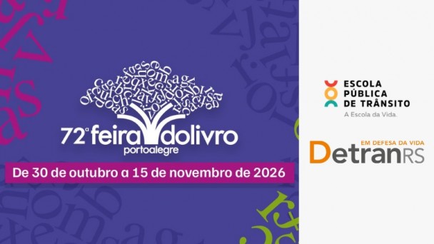 Card com logos da feira do livro, Escola P&uacute;blica de Tr&acirc;nsito e DetranRS